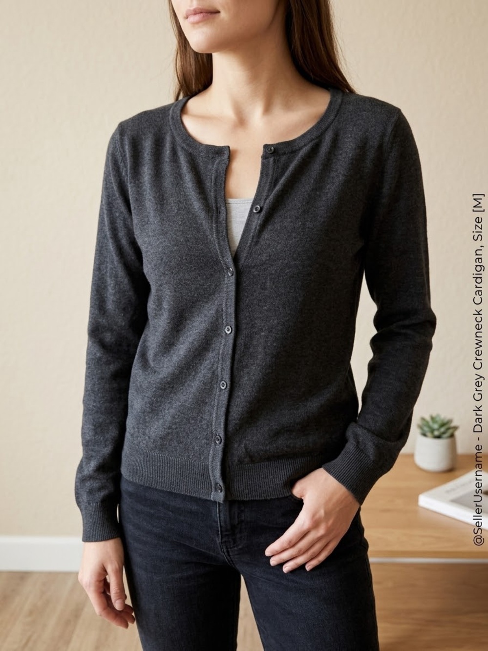 H&M Dark Grey Button-Up Crewneck 100% Cotton Cardigan